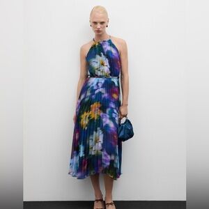 Mango Printed Pleated Midi Dress